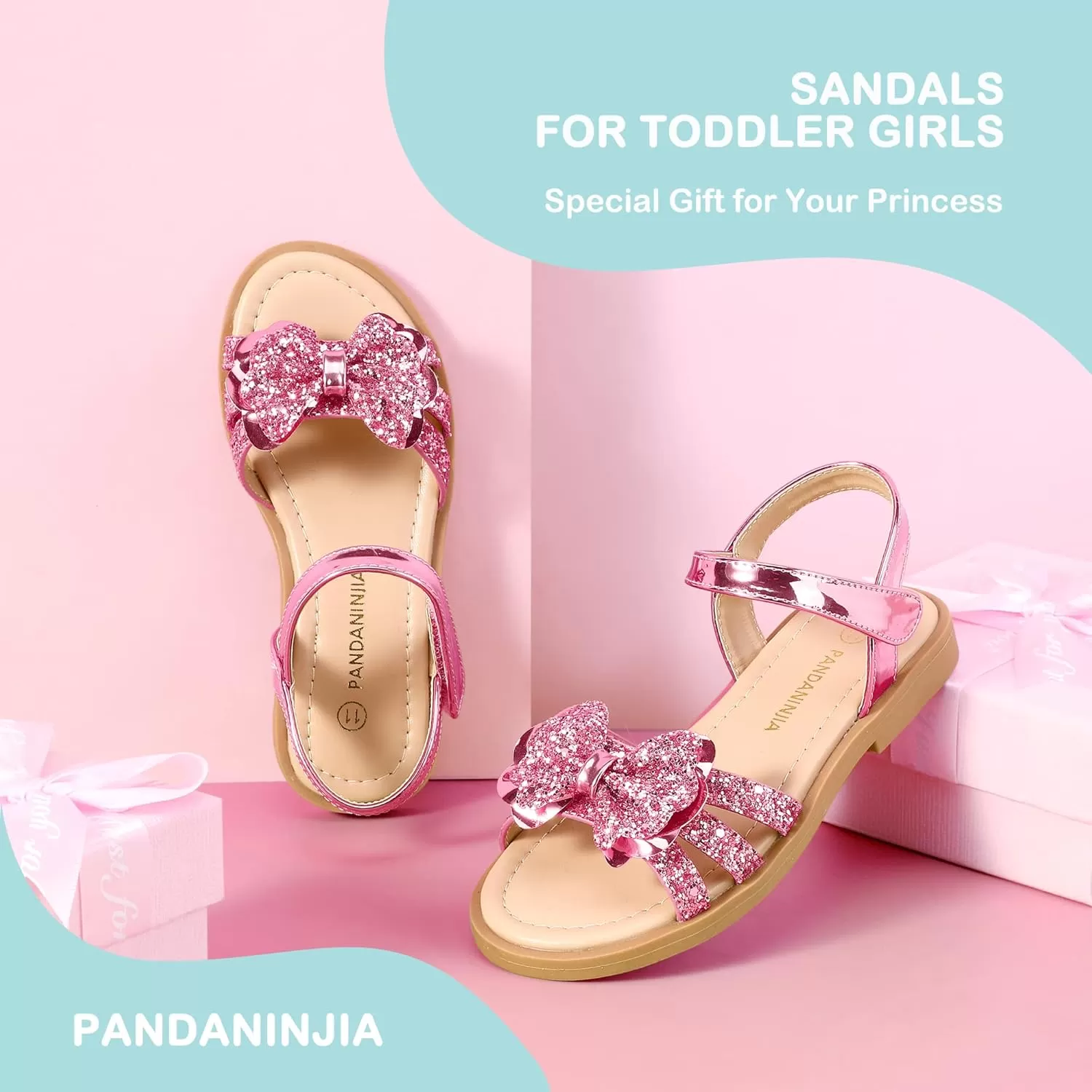 imagePANDANINJIA Girls Sandals Open Toe Cute Bow Princess Girls Flats Sparkly Summer Dress Shoes Sandals for ToddlerLittle KidBig KidC Pink Sequin