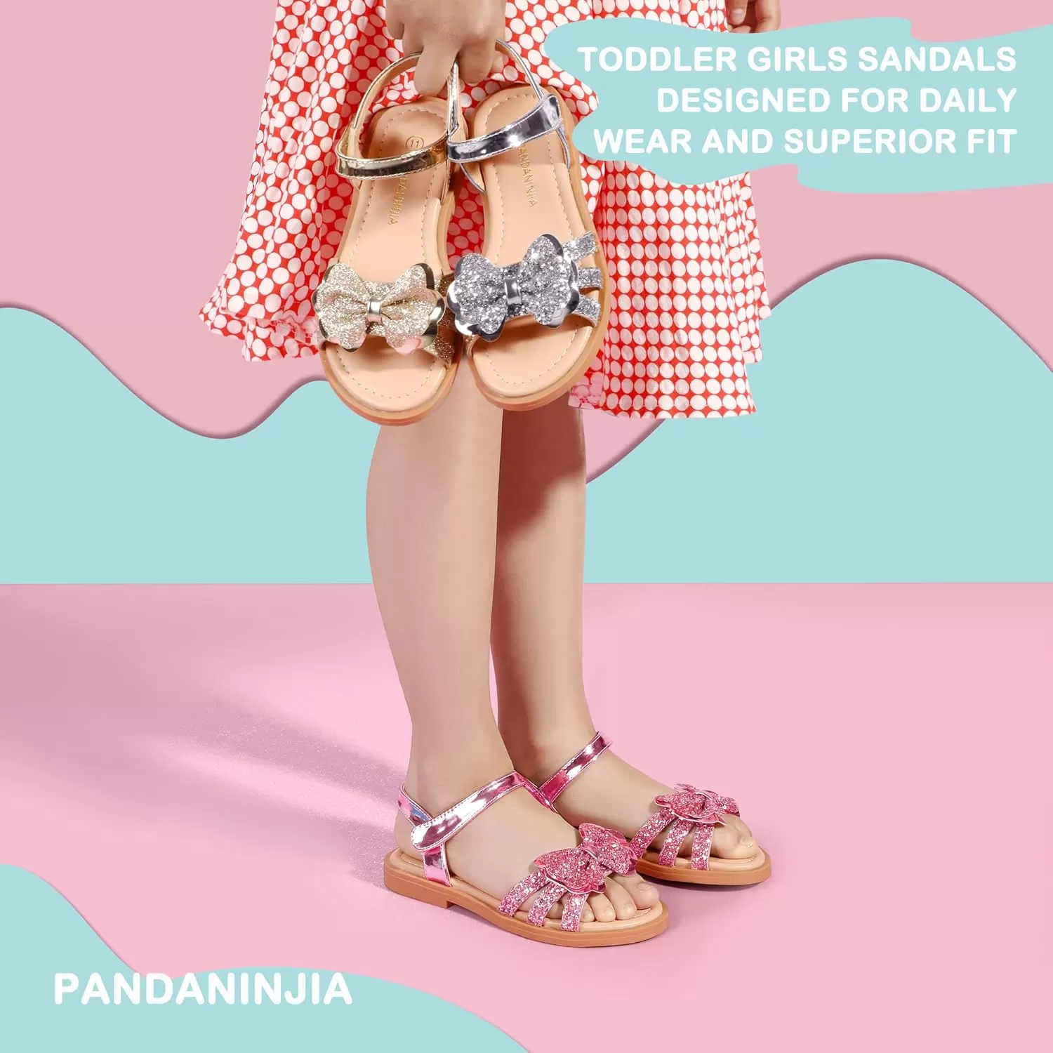 imagePANDANINJIA Girls Sandals Open Toe Cute Bow Princess Girls Flats Sparkly Summer Dress Shoes Sandals for ToddlerLittle KidBig KidC Pink Sequin