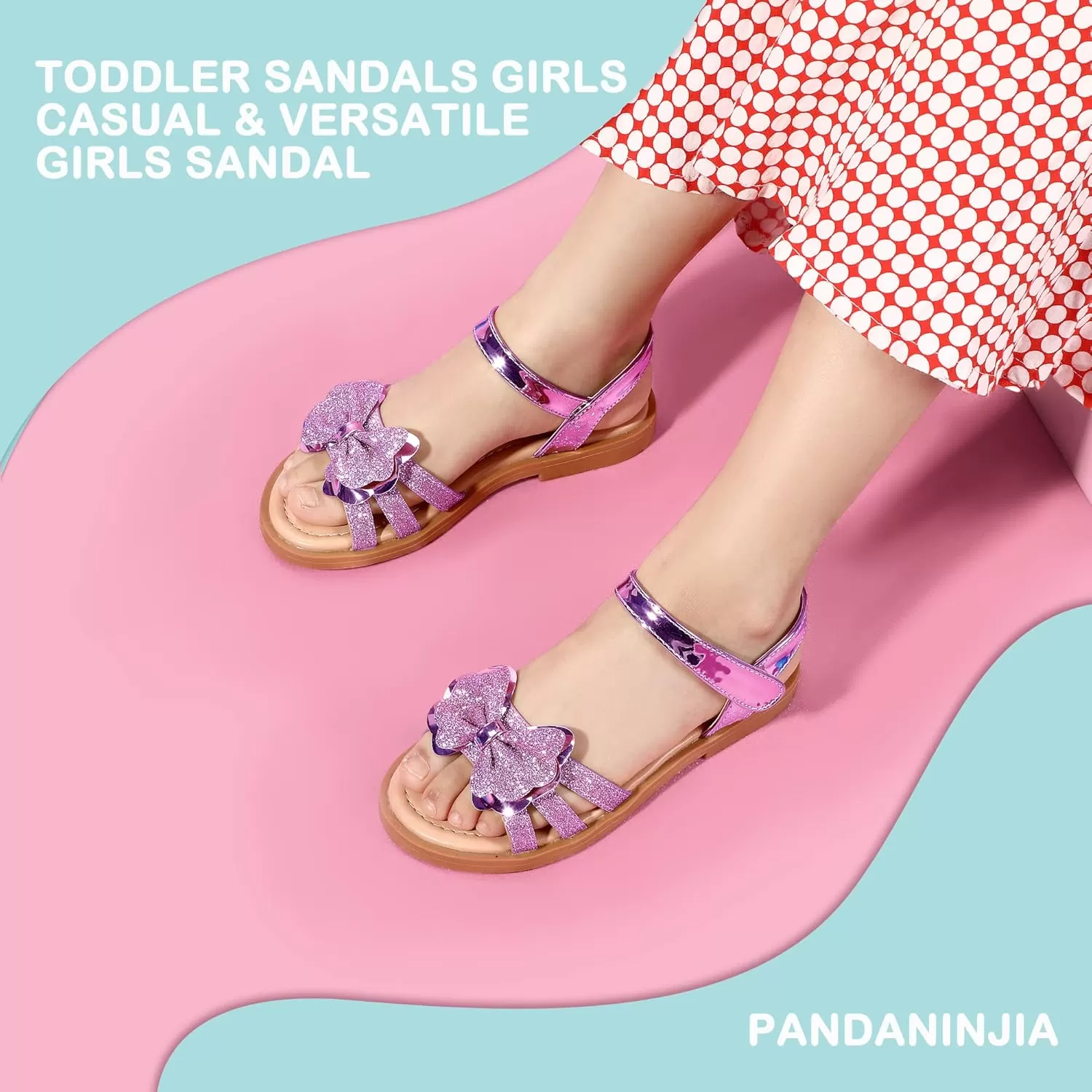 imagePANDANINJIA Girls Sandals Open Toe Cute Bow Princess Girls Flats Sparkly Summer Dress Shoes Sandals for ToddlerLittle KidBig KidC Purple Glitter