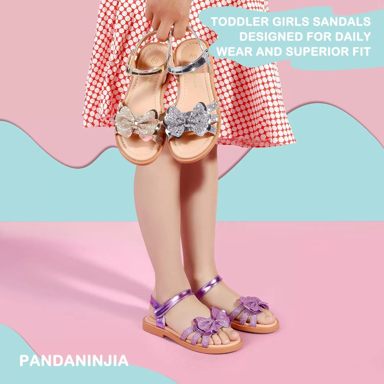 imagePANDANINJIA Girls Sandals Open Toe Cute Bow Princess Girls Flats Sparkly Summer Dress Shoes Sandals for ToddlerLittle KidBig KidC Purple Glitter
