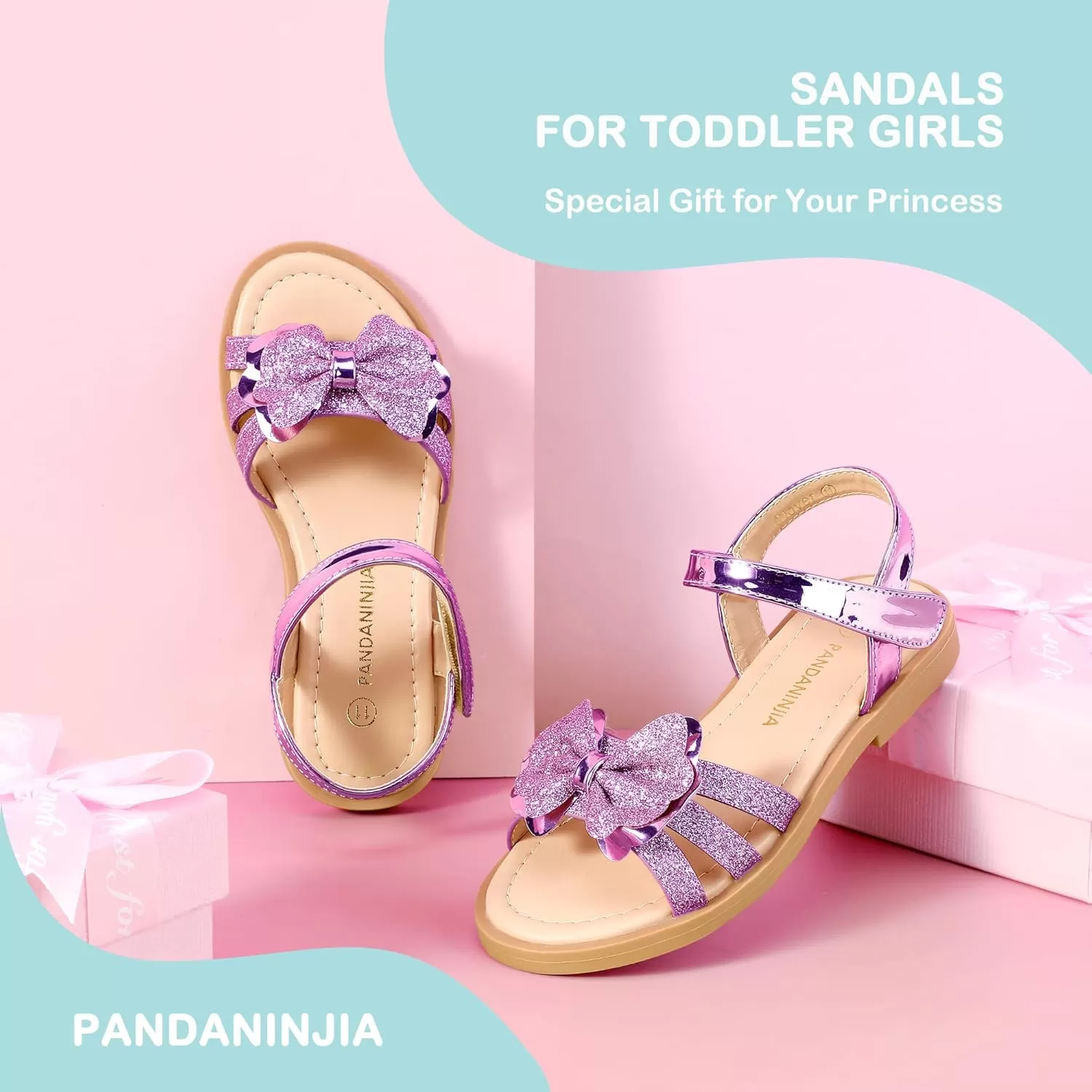 imagePANDANINJIA Girls Sandals Open Toe Cute Bow Princess Girls Flats Sparkly Summer Dress Shoes Sandals for ToddlerLittle KidBig KidC Purple Glitter