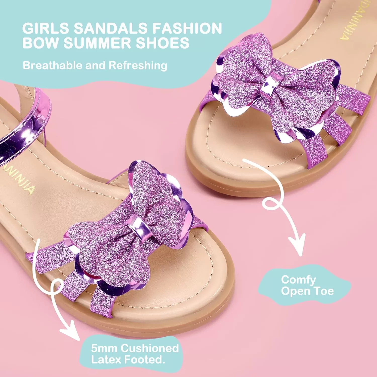 imagePANDANINJIA Girls Sandals Open Toe Cute Bow Princess Girls Flats Sparkly Summer Dress Shoes Sandals for ToddlerLittle KidBig KidC Purple Glitter