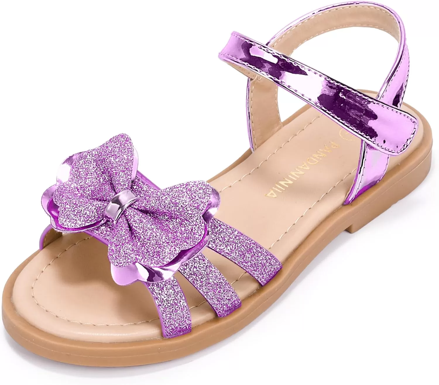imagePANDANINJIA Girls Sandals Open Toe Cute Bow Princess Girls Flats Sparkly Summer Dress Shoes Sandals for ToddlerLittle KidBig KidC Purple Glitter