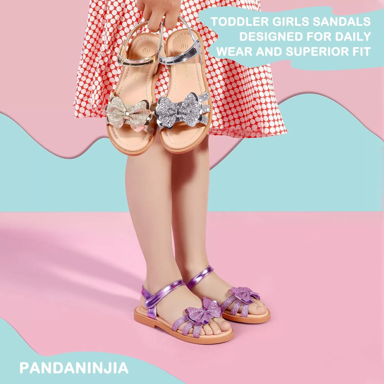 imagePANDANINJIA Girls Sandals Open Toe Cute Bow Princess Girls Flats Sparkly Summer Dress Shoes Sandals for ToddlerLittle KidBig KidC Purple Glitter