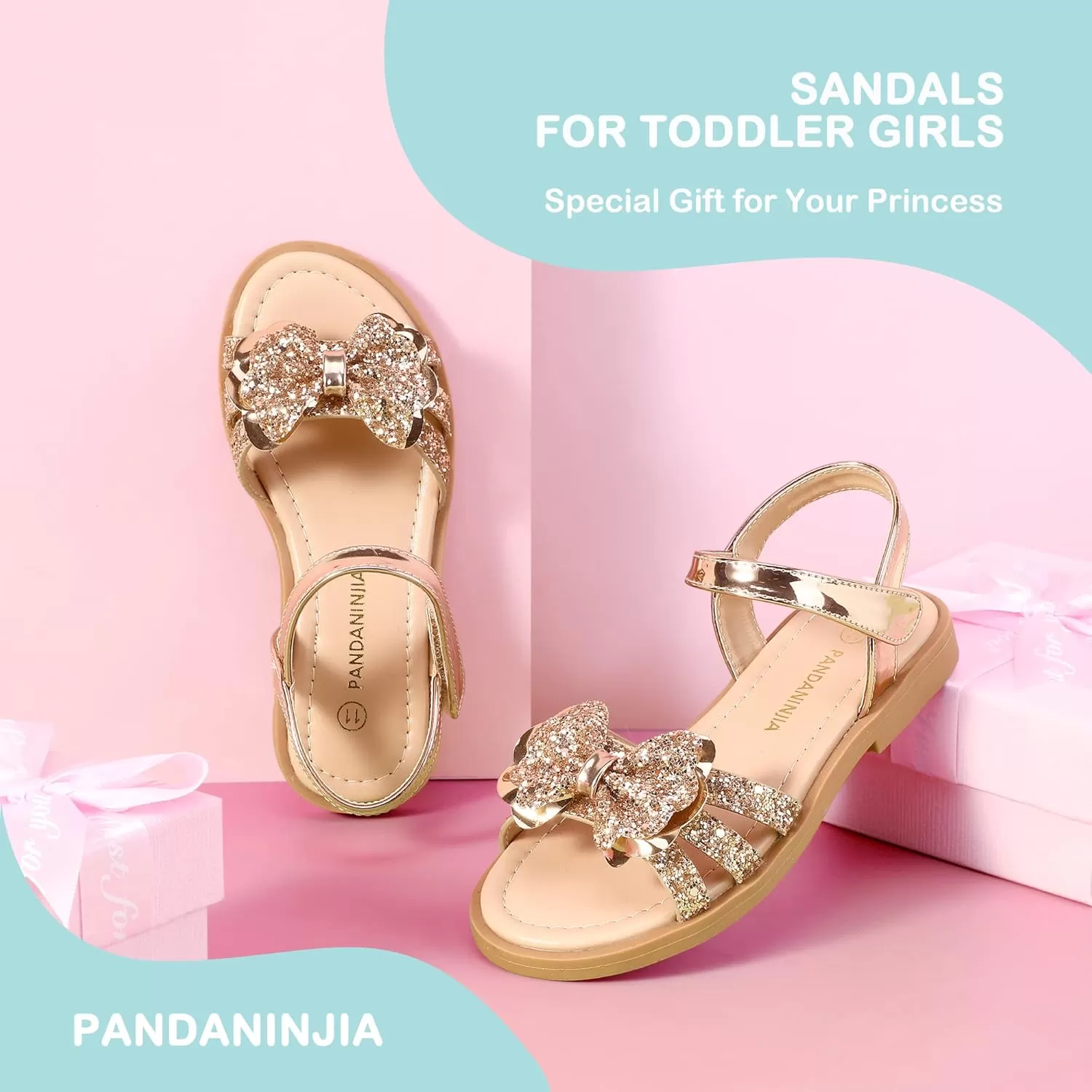 imagePANDANINJIA Girls Sandals Open Toe Cute Bow Princess Girls Flats Sparkly Summer Dress Shoes Sandals for ToddlerLittle KidBig KidC Rose Gold Sequin