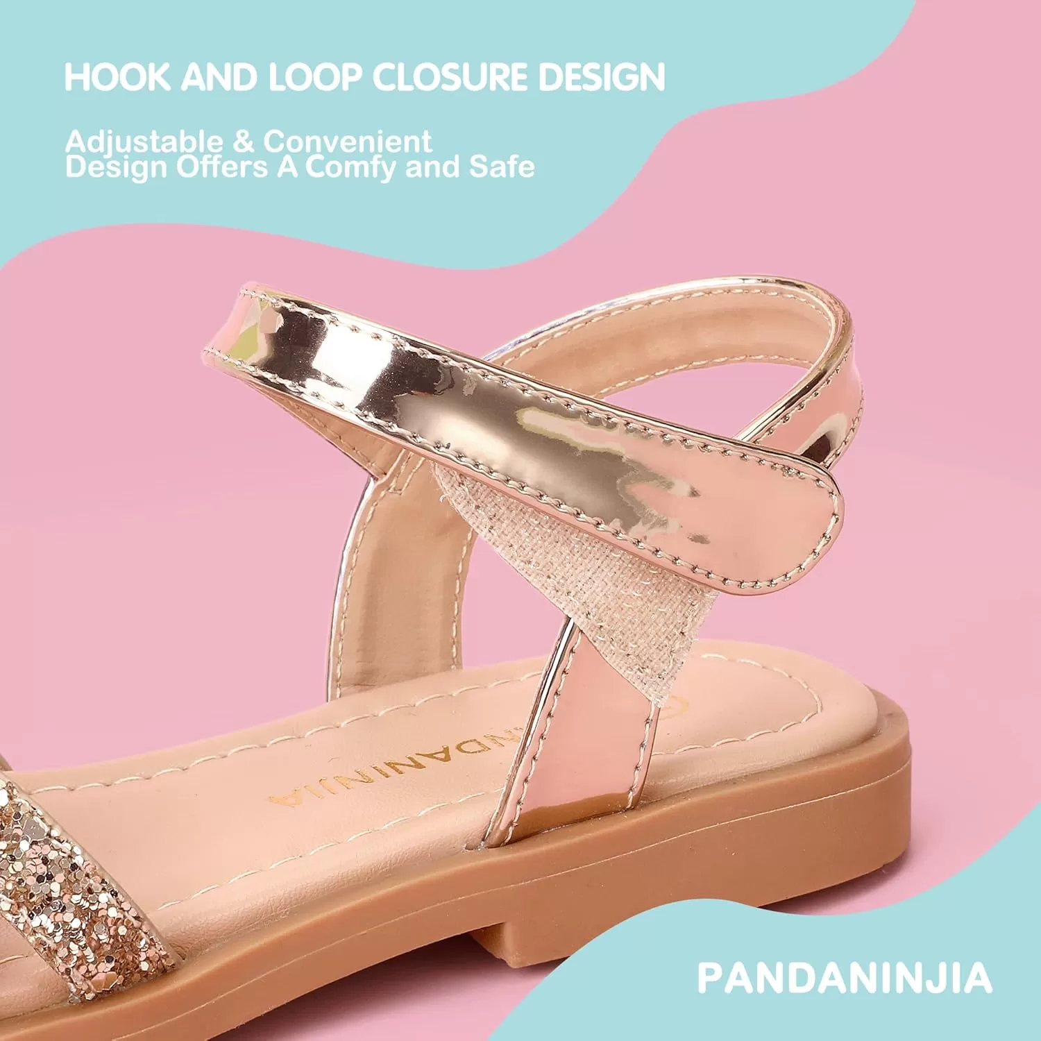 imagePANDANINJIA Girls Sandals Open Toe Cute Bow Princess Girls Flats Sparkly Summer Dress Shoes Sandals for ToddlerLittle KidBig KidC Rose Gold Sequin