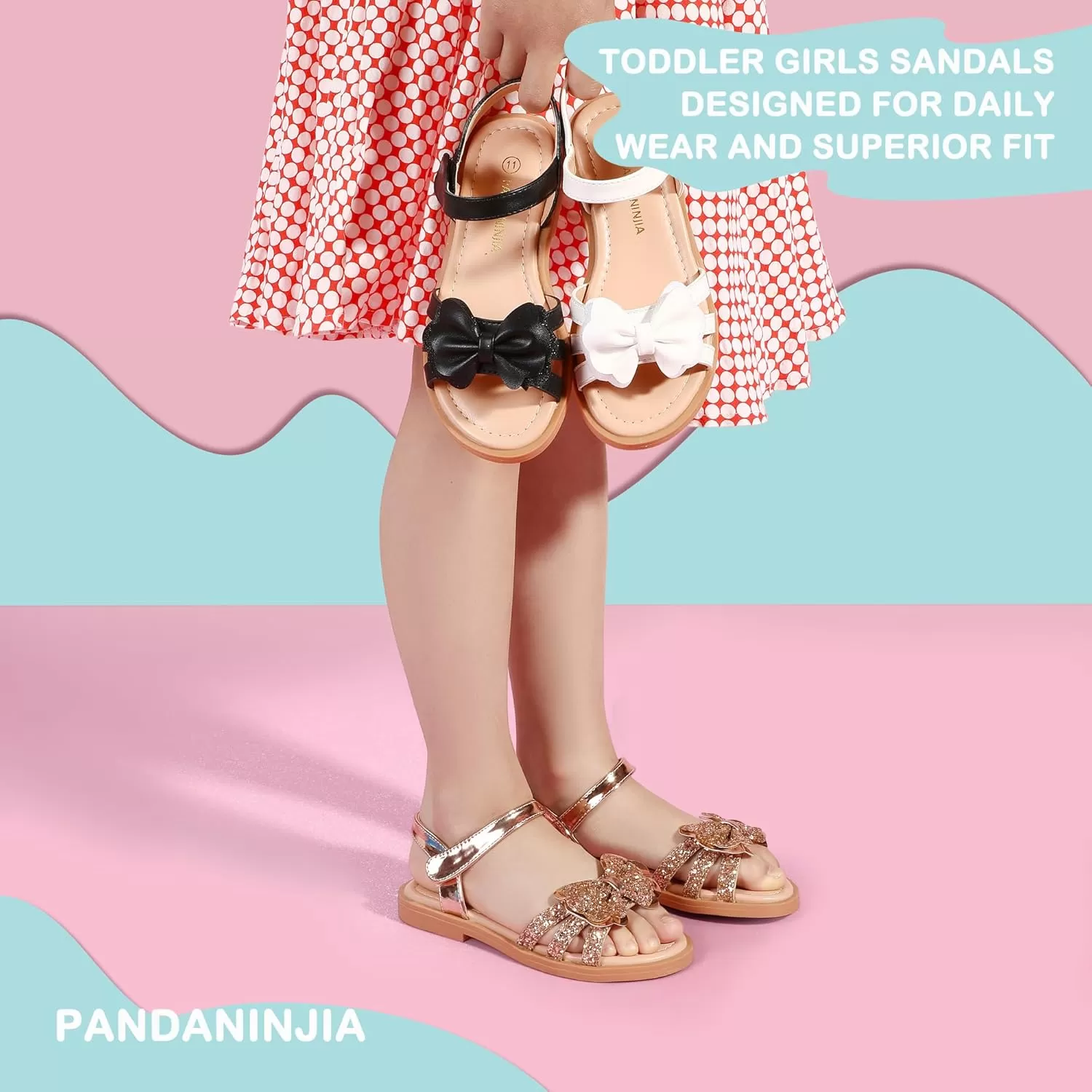 imagePANDANINJIA Girls Sandals Open Toe Cute Bow Princess Girls Flats Sparkly Summer Dress Shoes Sandals for ToddlerLittle KidBig KidC Rose Gold Sequin