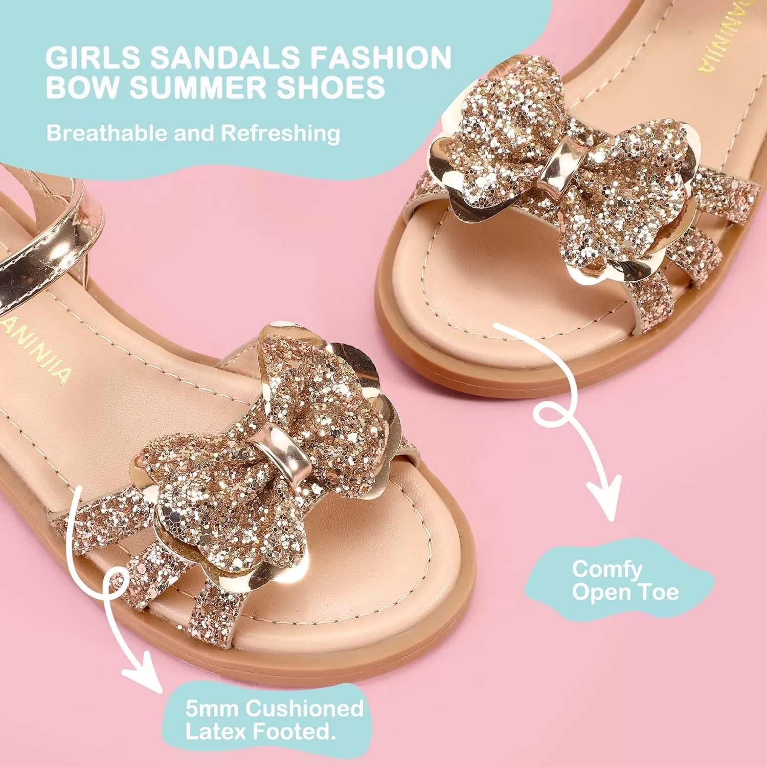 imagePANDANINJIA Girls Sandals Open Toe Cute Bow Princess Girls Flats Sparkly Summer Dress Shoes Sandals for ToddlerLittle KidBig KidC Rose Gold Sequin
