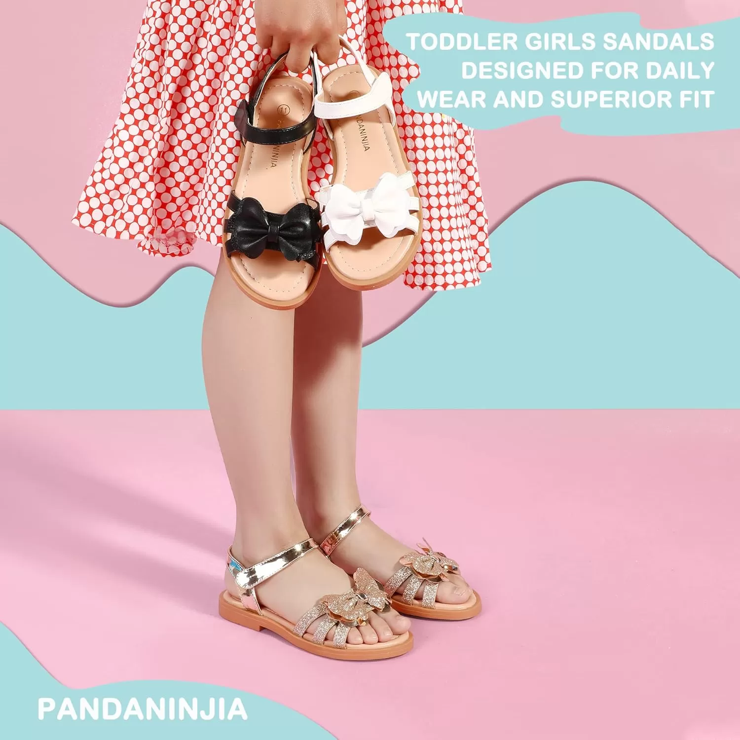 imagePANDANINJIA Girls Sandals Open Toe Cute Bow Princess Girls Flats Sparkly Summer Dress Shoes Sandals for ToddlerLittle KidBig KidC Rose Gold Sequin