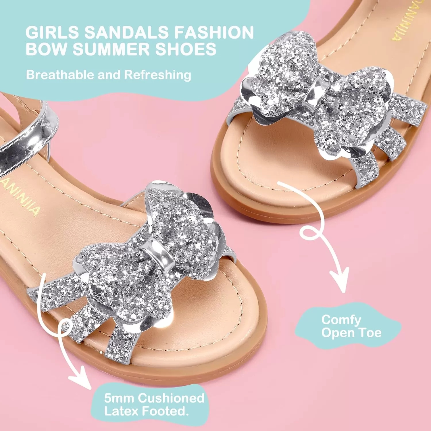 imagePANDANINJIA Girls Sandals Open Toe Cute Bow Princess Girls Flats Sparkly Summer Dress Shoes Sandals for ToddlerLittle KidBig KidC Silver Sequin