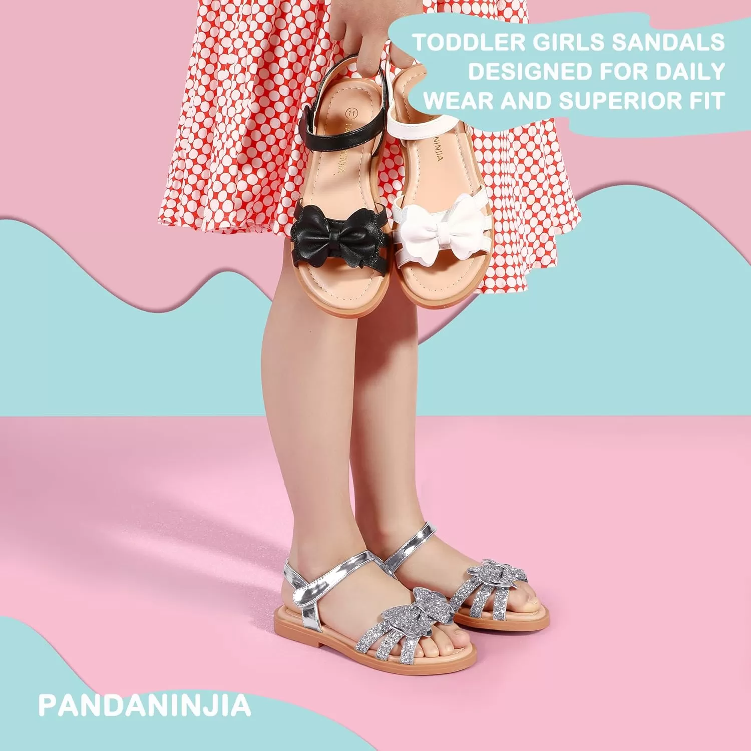 imagePANDANINJIA Girls Sandals Open Toe Cute Bow Princess Girls Flats Sparkly Summer Dress Shoes Sandals for ToddlerLittle KidBig KidC Silver Sequin