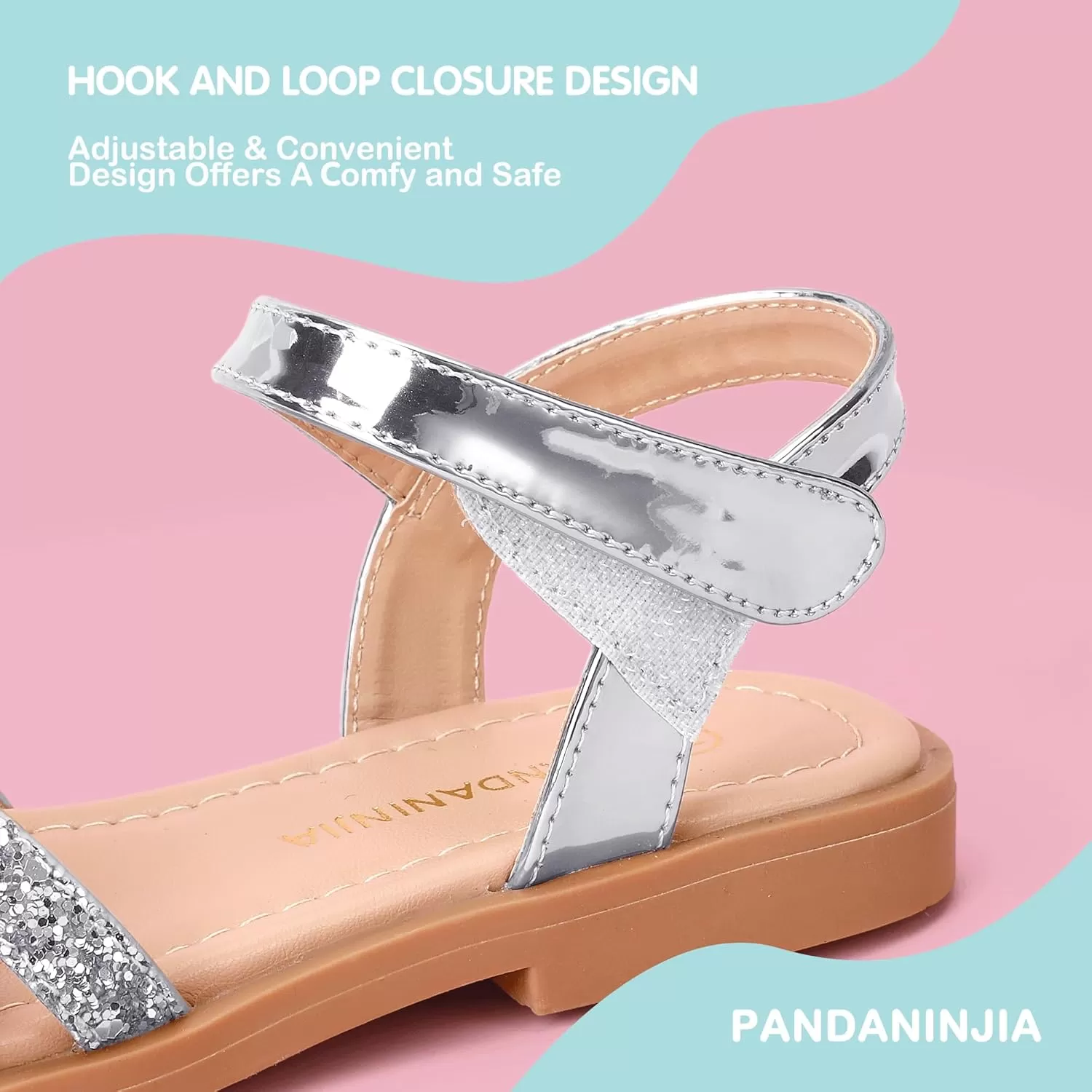 imagePANDANINJIA Girls Sandals Open Toe Cute Bow Princess Girls Flats Sparkly Summer Dress Shoes Sandals for ToddlerLittle KidBig KidC Silver Sequin