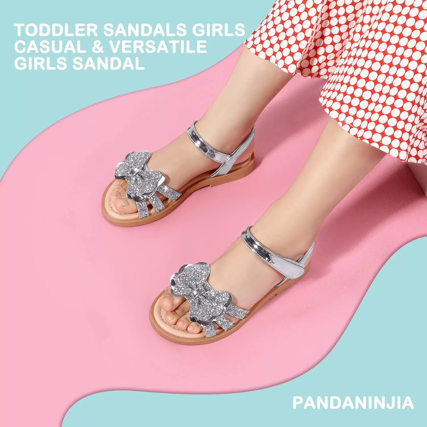 imagePANDANINJIA Girls Sandals Open Toe Cute Bow Princess Girls Flats Sparkly Summer Dress Shoes Sandals for ToddlerLittle KidBig KidC Silver Sequin