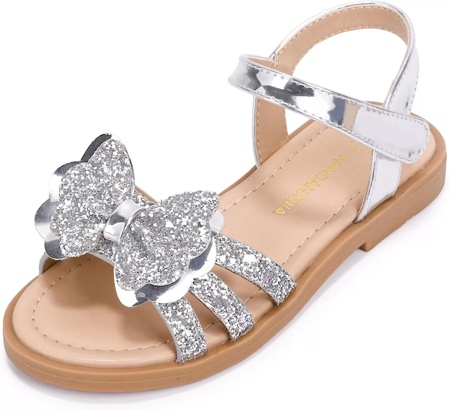 imagePANDANINJIA Girls Sandals Open Toe Cute Bow Princess Girls Flats Sparkly Summer Dress Shoes Sandals for ToddlerLittle KidBig KidC Silver Sequin