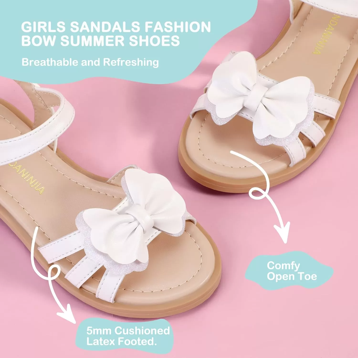 imagePANDANINJIA Girls Sandals Open Toe Cute Bow Princess Girls Flats Sparkly Summer Dress Shoes Sandals for ToddlerLittle KidBig KidC White Pu