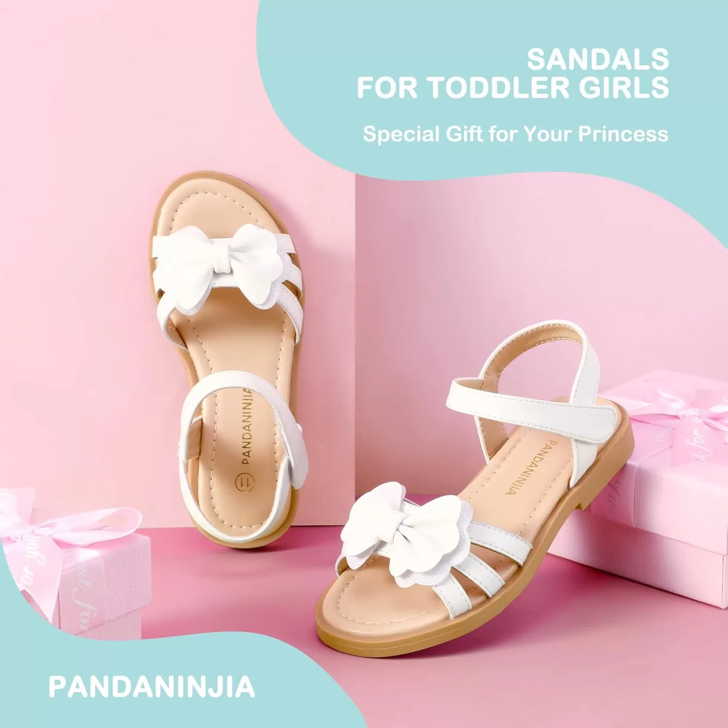 imagePANDANINJIA Girls Sandals Open Toe Cute Bow Princess Girls Flats Sparkly Summer Dress Shoes Sandals for ToddlerLittle KidBig KidC White Pu
