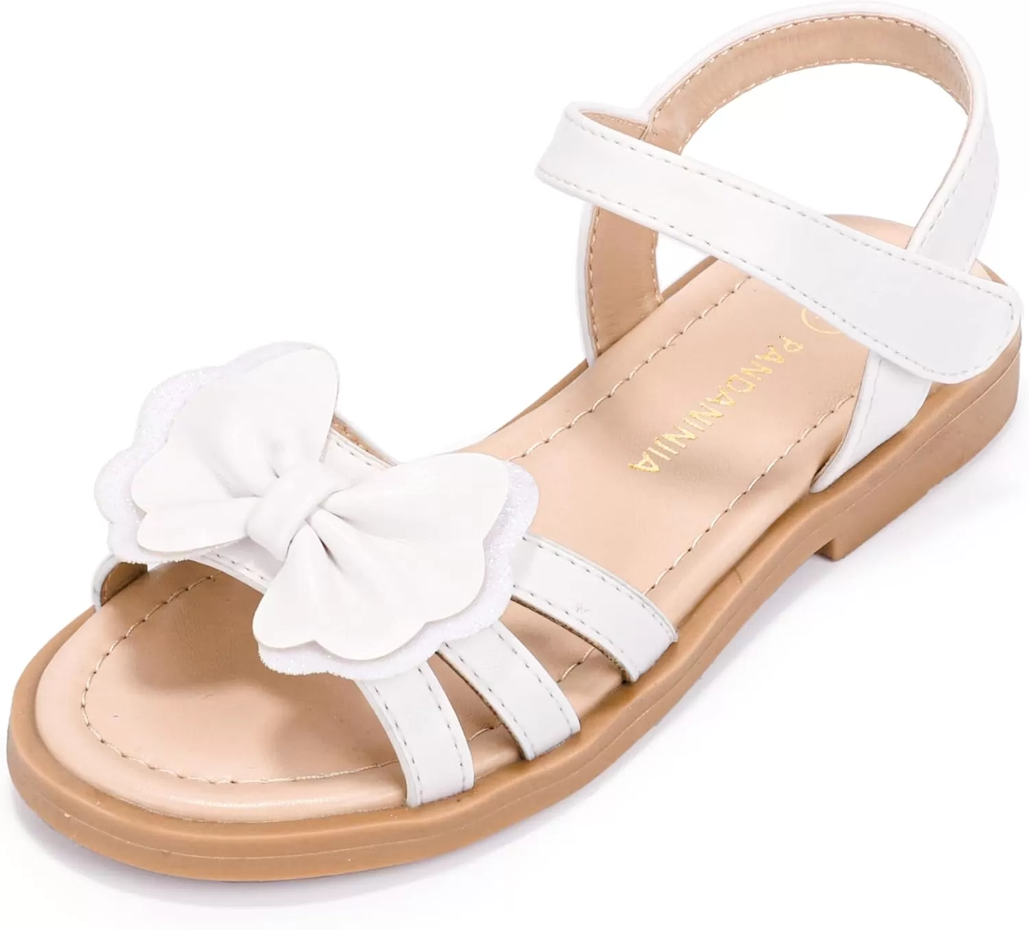 imagePANDANINJIA Girls Sandals Open Toe Cute Bow Princess Girls Flats Sparkly Summer Dress Shoes Sandals for ToddlerLittle KidBig KidC White Pu