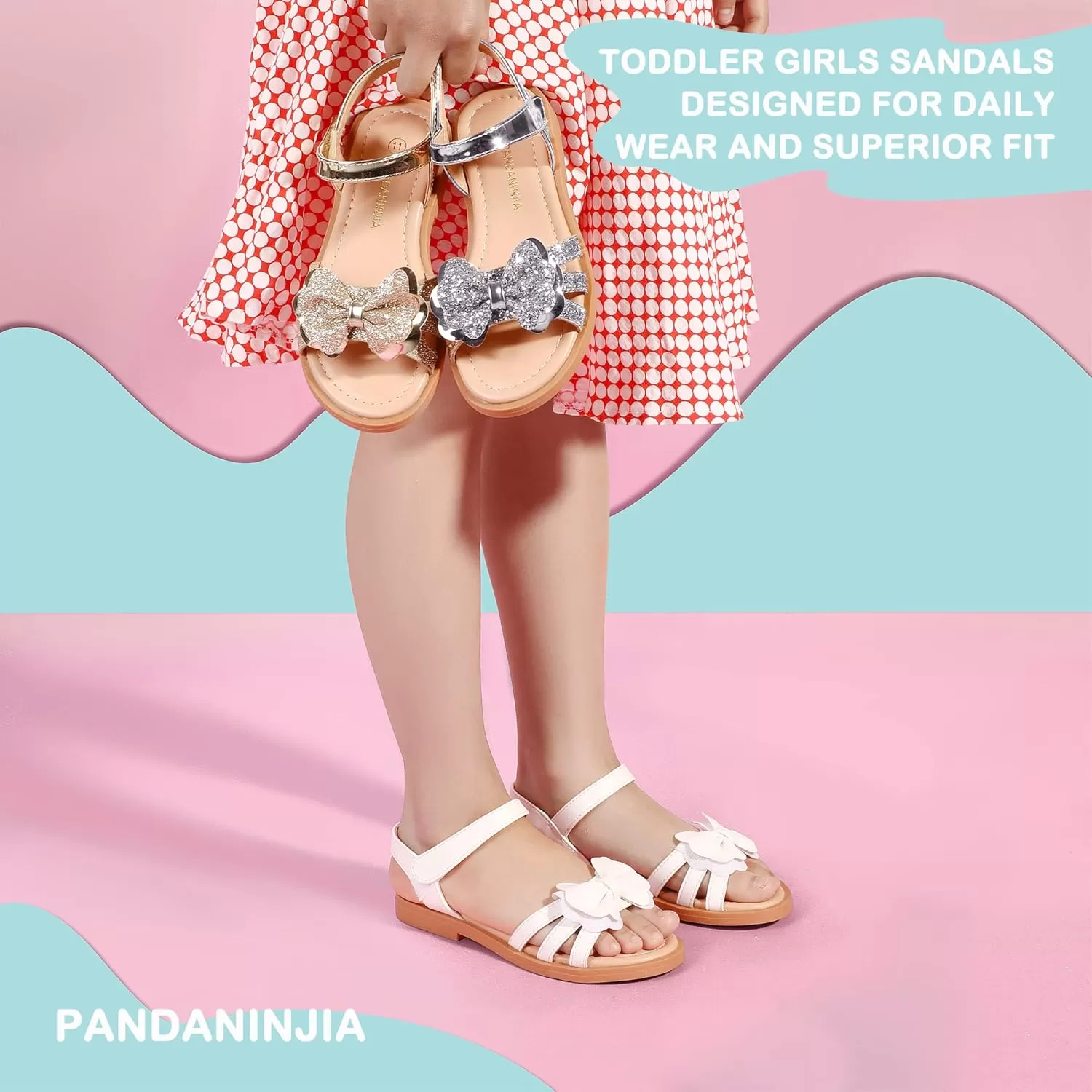 imagePANDANINJIA Girls Sandals Open Toe Cute Bow Princess Girls Flats Sparkly Summer Dress Shoes Sandals for ToddlerLittle KidBig KidC White Pu