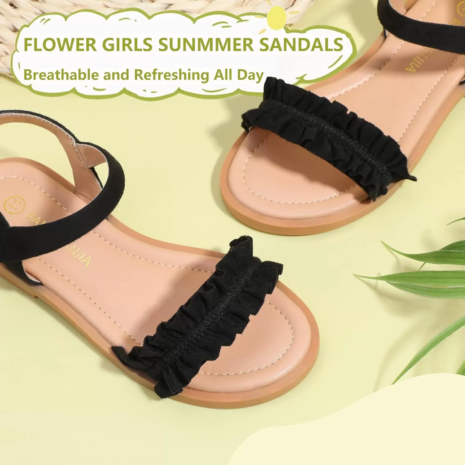 imagePANDANINJIA Girls Sandals Open Toe Cute Bow Princess Girls Flats Sparkly Summer Dress Shoes Sandals for ToddlerLittle KidBig KidTra Black