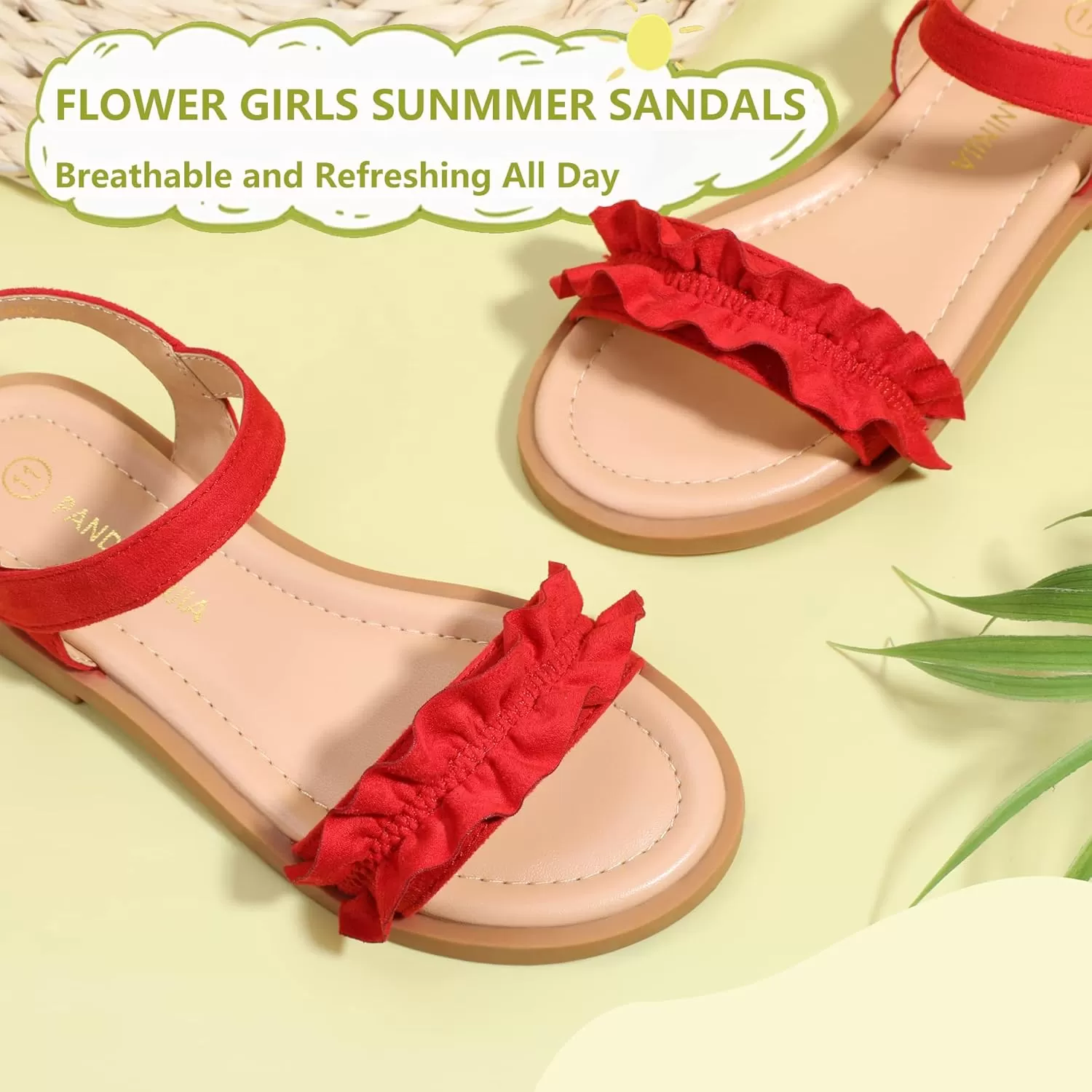 imagePANDANINJIA Girls Sandals Open Toe Cute Bow Princess Girls Flats Sparkly Summer Dress Shoes Sandals for ToddlerLittle KidBig KidTra Red