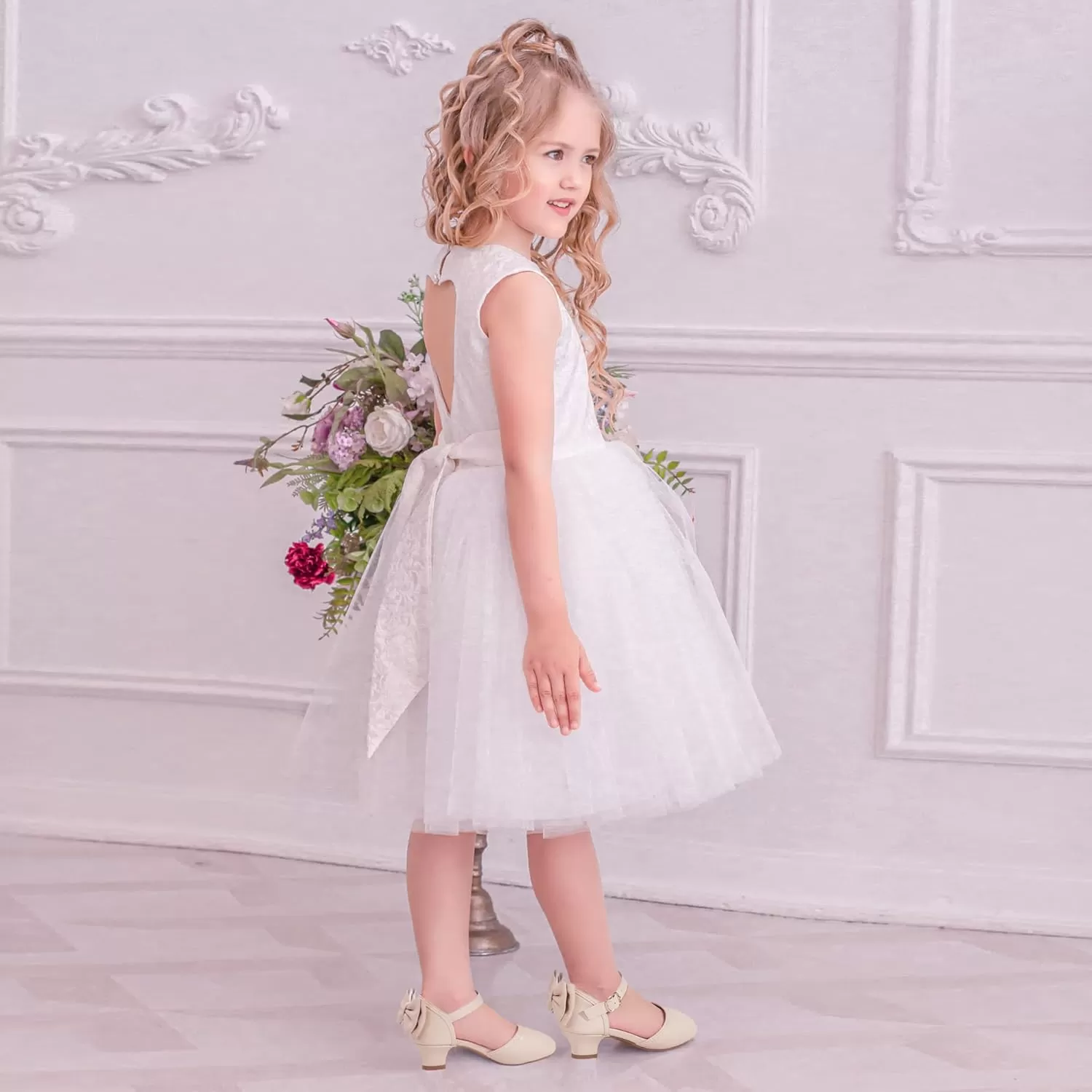 imagePANDANINJIA Wendy Girls Heels Dress Shoes Flower Girl Mary Jane Sandals Wedding Party Princess Shoes for Toddler Little Kid Big KidBeige Pu
