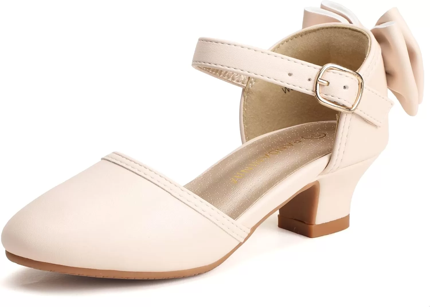 imagePANDANINJIA Wendy Girls Heels Dress Shoes Flower Girl Mary Jane Sandals Wedding Party Princess Shoes for Toddler Little Kid Big KidBeige Pu