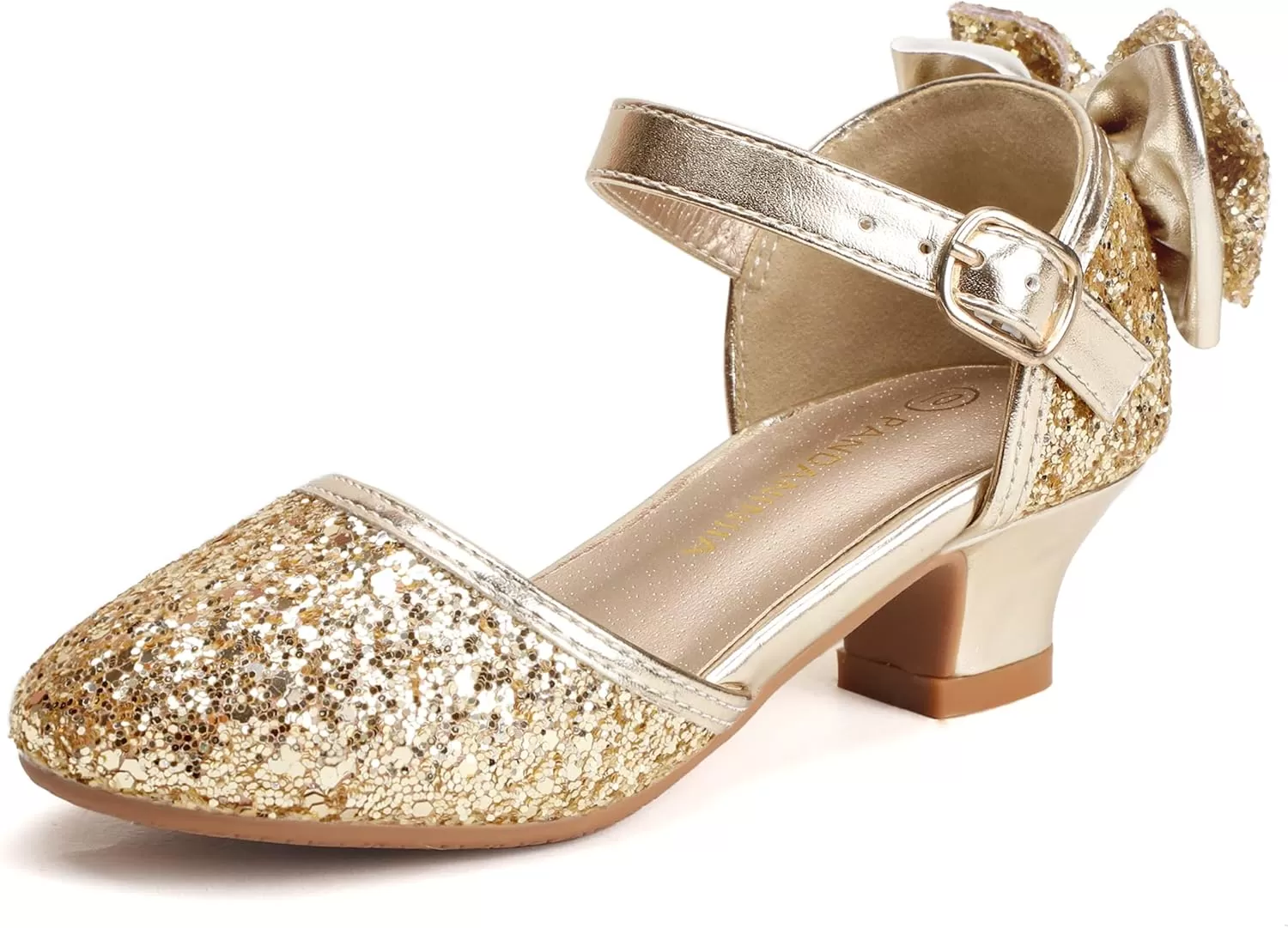 imagePANDANINJIA Wendy Girls Heels Dress Shoes Flower Girl Mary Jane Sandals Wedding Party Princess Shoes for Toddler Little Kid Big KidGold Sequin