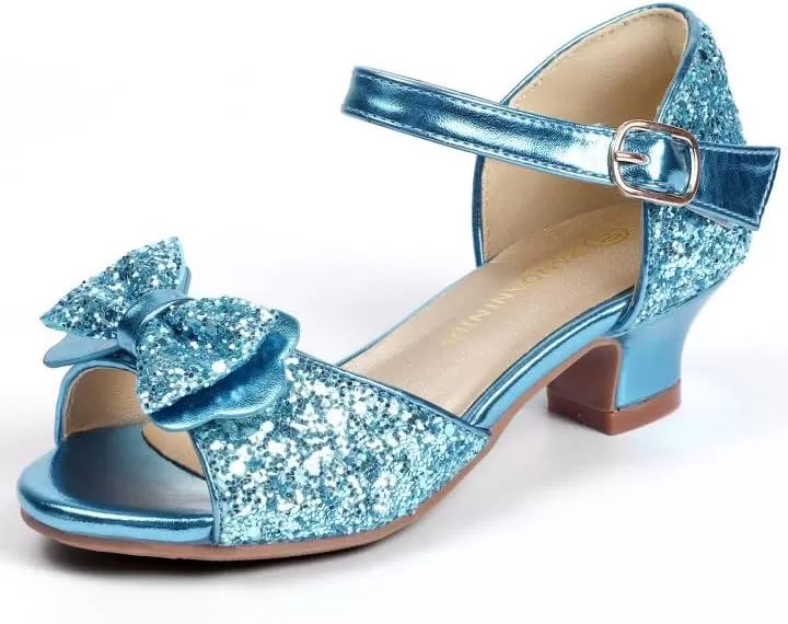 imagePANDANINJIA Wendy Girls Heels Dress Shoes Flower Girl Mary Jane Sandals Wedding Party Princess Shoes for Toddler Little Kid Big KidNancy Blue Sequin