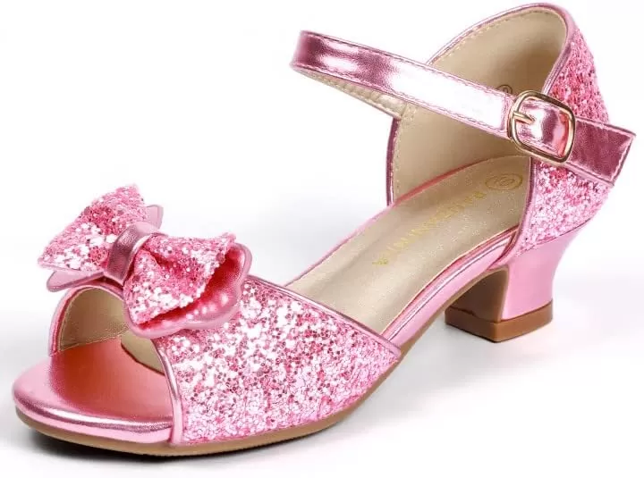 imagePANDANINJIA Wendy Girls Heels Dress Shoes Flower Girl Mary Jane Sandals Wedding Party Princess Shoes for Toddler Little Kid Big KidNancy Pink Sequin
