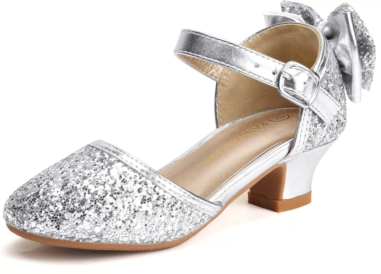 imagePANDANINJIA Wendy Girls Heels Dress Shoes Flower Girl Mary Jane Sandals Wedding Party Princess Shoes for Toddler Little Kid Big KidSilver Sequin