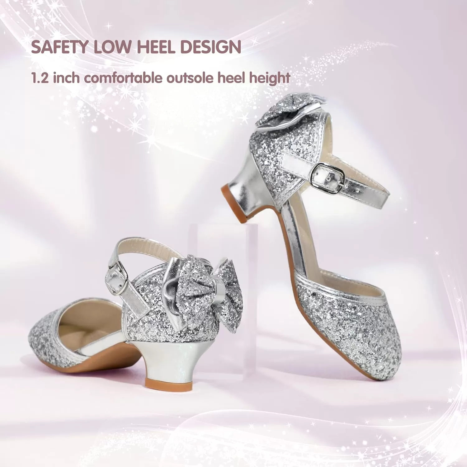 imagePANDANINJIA Wendy Girls Heels Dress Shoes Flower Girl Mary Jane Sandals Wedding Party Princess Shoes for Toddler Little Kid Big KidSilver Sequin