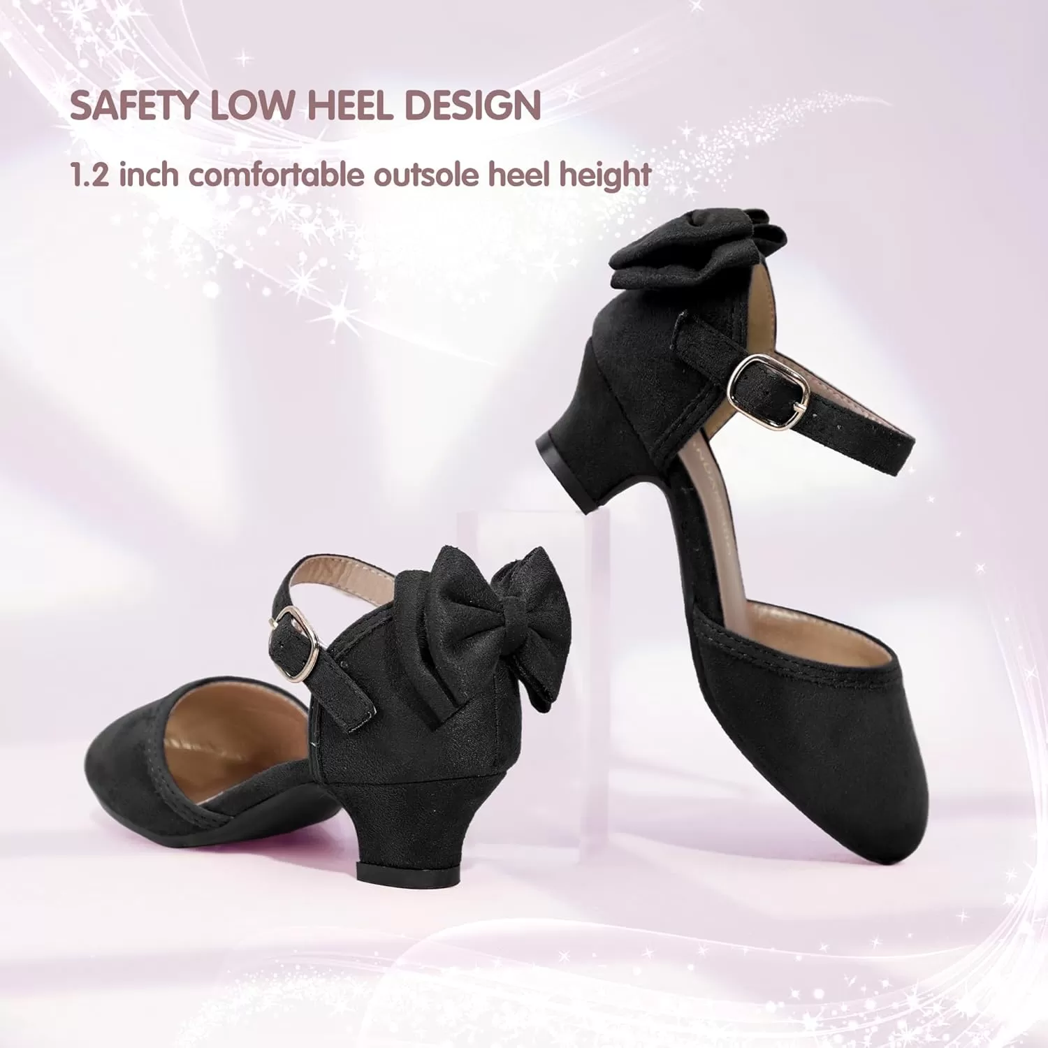 imagePANDANINJIA Wendy Girls Heels Dress Shoes Flower Girl Mary Jane Sandals Wedding Party Princess Shoes for Toddler Little Kid Big KidW Black Suede