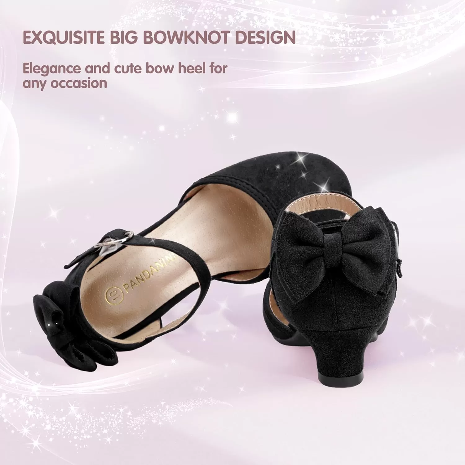 imagePANDANINJIA Wendy Girls Heels Dress Shoes Flower Girl Mary Jane Sandals Wedding Party Princess Shoes for Toddler Little Kid Big KidW Black Suede