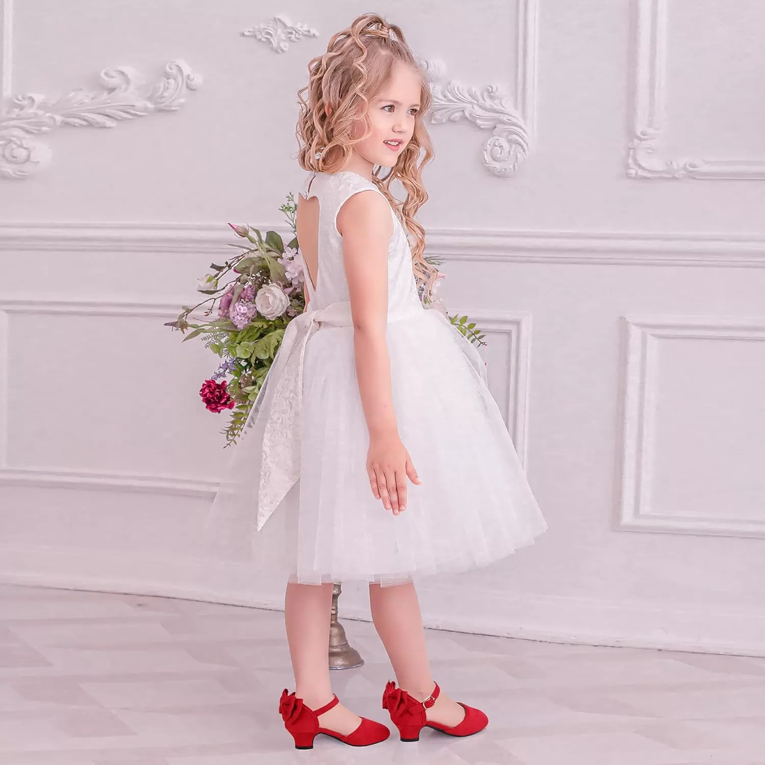 imagePANDANINJIA Wendy Girls Heels Dress Shoes Flower Girl Mary Jane Sandals Wedding Party Princess Shoes for Toddler Little Kid Big KidW Red Suede
