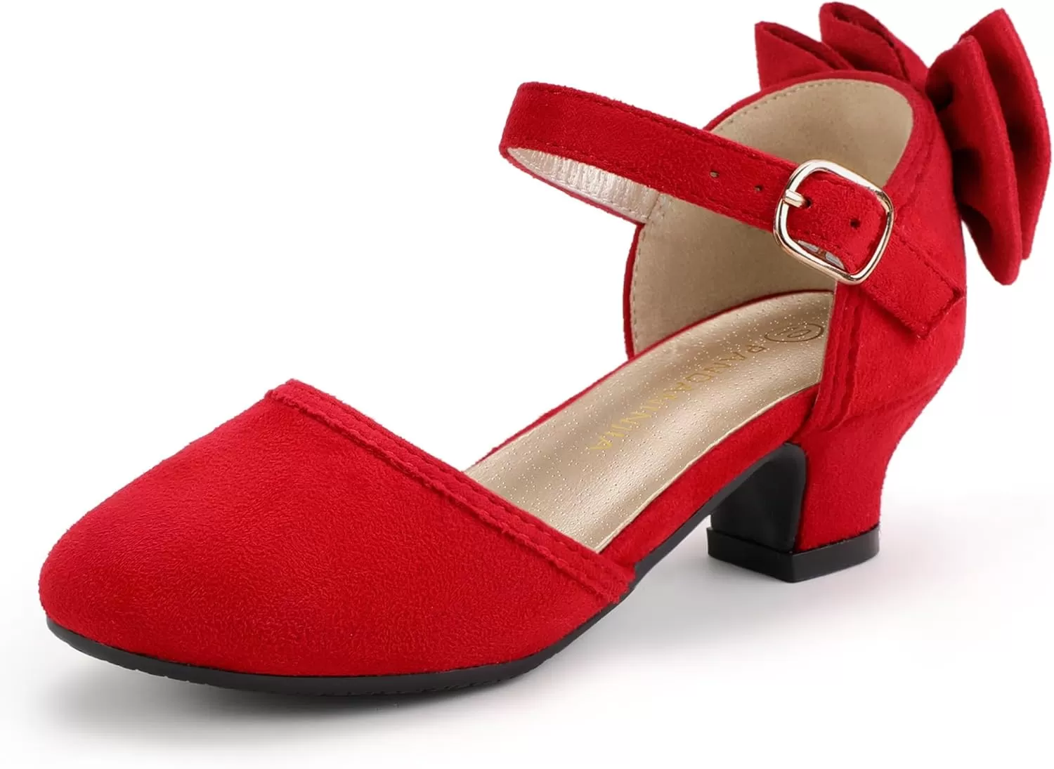 imagePANDANINJIA Wendy Girls Heels Dress Shoes Flower Girl Mary Jane Sandals Wedding Party Princess Shoes for Toddler Little Kid Big KidW Red Suede
