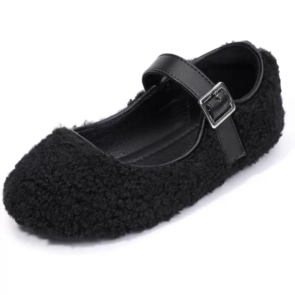 imagePANDANINJIA Girls Dress Shoes Ballet Flats Faux Fur School Wedding Party Toddler Little Big Kid Girls Mary Jane ShoesBlack