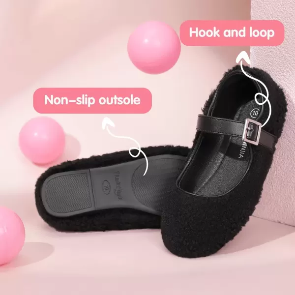 imagePANDANINJIA Girls Dress Shoes Ballet Flats Faux Fur School Wedding Party Toddler Little Big Kid Girls Mary Jane ShoesBlack