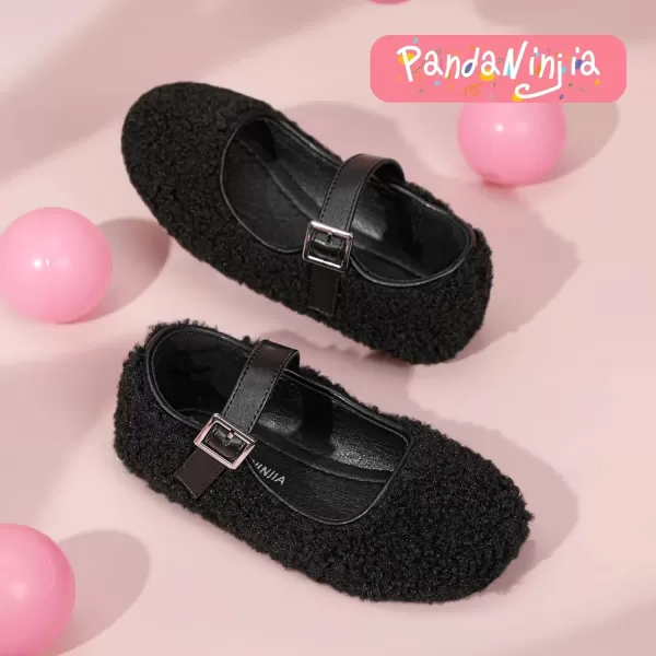 imagePANDANINJIA Girls Dress Shoes Ballet Flats Faux Fur School Wedding Party Toddler Little Big Kid Girls Mary Jane ShoesBlack
