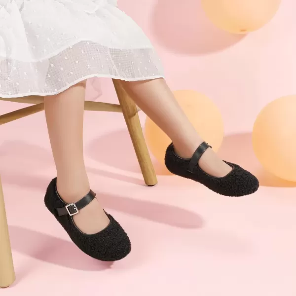 imagePANDANINJIA Girls Dress Shoes Ballet Flats Faux Fur School Wedding Party Toddler Little Big Kid Girls Mary Jane ShoesBlack