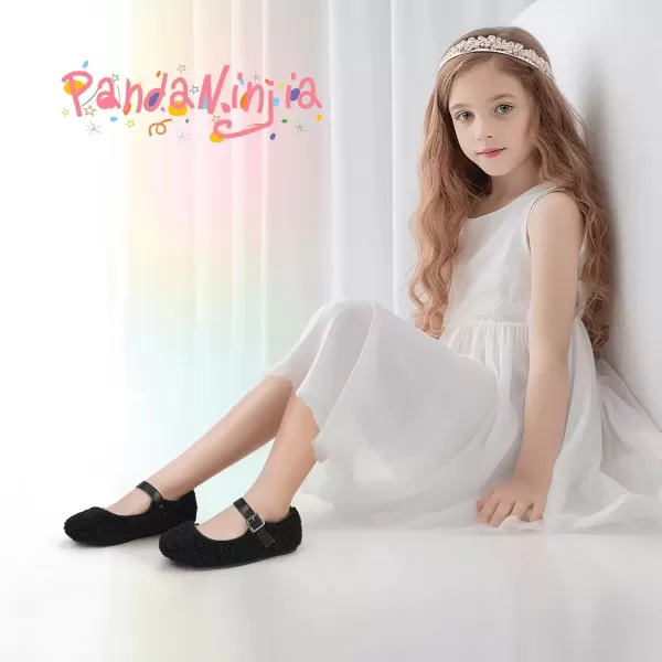 imagePANDANINJIA Girls Dress Shoes Ballet Flats Faux Fur School Wedding Party Toddler Little Big Kid Girls Mary Jane ShoesBlack