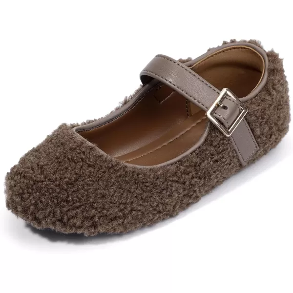 imagePANDANINJIA Girls Dress Shoes Ballet Flats Faux Fur School Wedding Party Toddler Little Big Kid Girls Mary Jane ShoesBrown