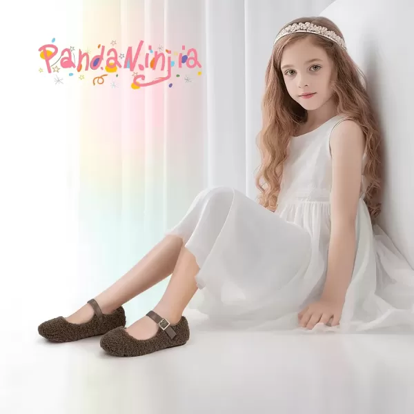 imagePANDANINJIA Girls Dress Shoes Ballet Flats Faux Fur School Wedding Party Toddler Little Big Kid Girls Mary Jane ShoesBrown