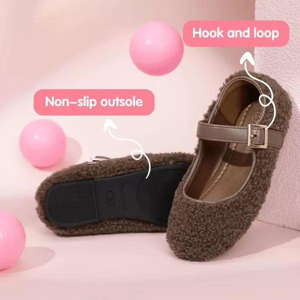 imagePANDANINJIA Girls Dress Shoes Ballet Flats Faux Fur School Wedding Party Toddler Little Big Kid Girls Mary Jane ShoesBrown