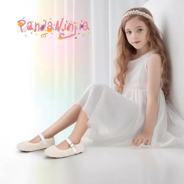 imagePANDANINJIA Girls Dress Shoes Ballet Flats Faux Fur School Wedding Party Toddler Little Big Kid Girls Mary Jane ShoesCreamwhite