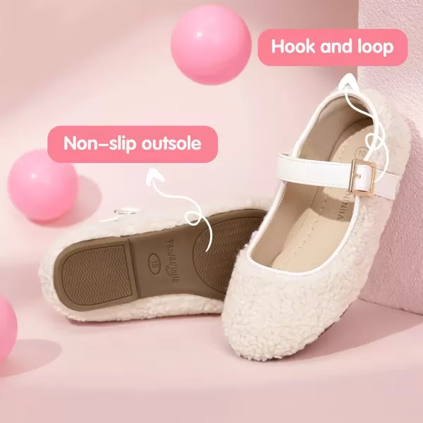 imagePANDANINJIA Girls Dress Shoes Ballet Flats Faux Fur School Wedding Party Toddler Little Big Kid Girls Mary Jane ShoesCreamwhite