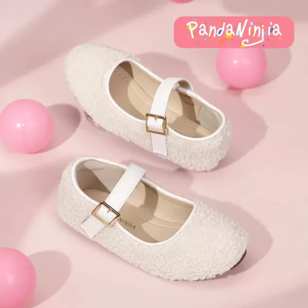 imagePANDANINJIA Girls Dress Shoes Ballet Flats Faux Fur School Wedding Party Toddler Little Big Kid Girls Mary Jane ShoesCreamwhite
