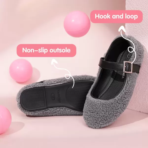 imagePANDANINJIA Girls Dress Shoes Ballet Flats Faux Fur School Wedding Party Toddler Little Big Kid Girls Mary Jane ShoesGrey