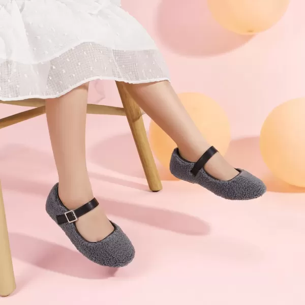 imagePANDANINJIA Girls Dress Shoes Ballet Flats Faux Fur School Wedding Party Toddler Little Big Kid Girls Mary Jane ShoesGrey