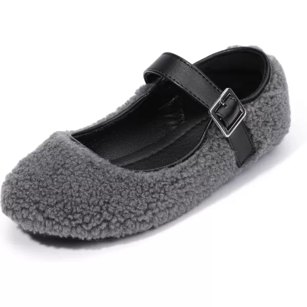 imagePANDANINJIA Girls Dress Shoes Ballet Flats Faux Fur School Wedding Party Toddler Little Big Kid Girls Mary Jane ShoesGrey