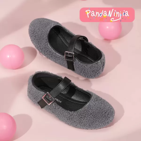 imagePANDANINJIA Girls Dress Shoes Ballet Flats Faux Fur School Wedding Party Toddler Little Big Kid Girls Mary Jane ShoesGrey
